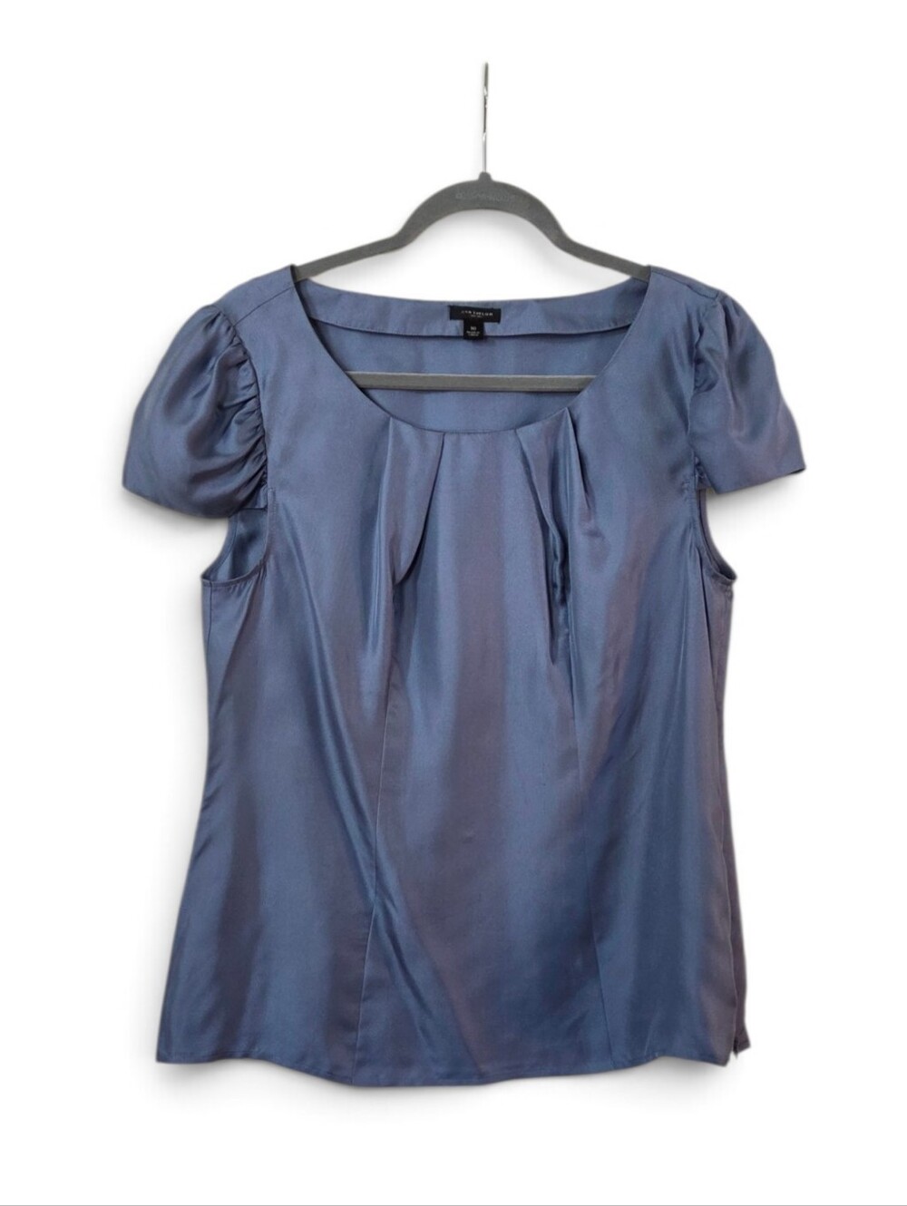Ann Taylor 100% Silk Blouse Blue Puff Short Sleeve Pleated Blouse, Women's 10